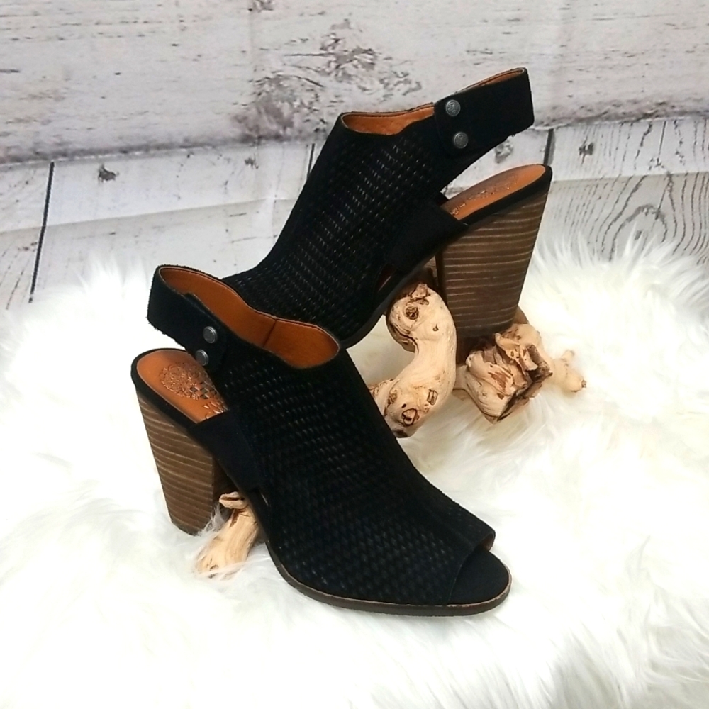 NEW! VINCE CAMUTO black suede lazer cut design slingback booties. - Picture 1 of 10